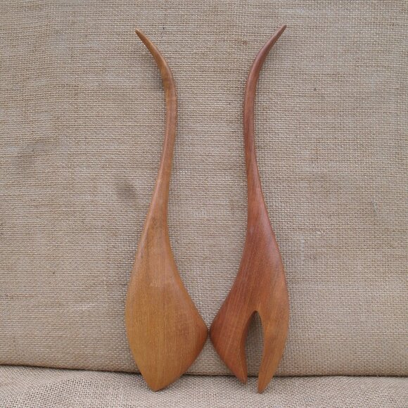 Vintage Berk Craft Wood Salad Serving Set Handmade in Haiti - Picture 12 of 16